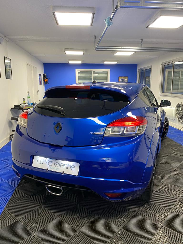 Voiture de marque Renault de couleur bleu vue cote arriere